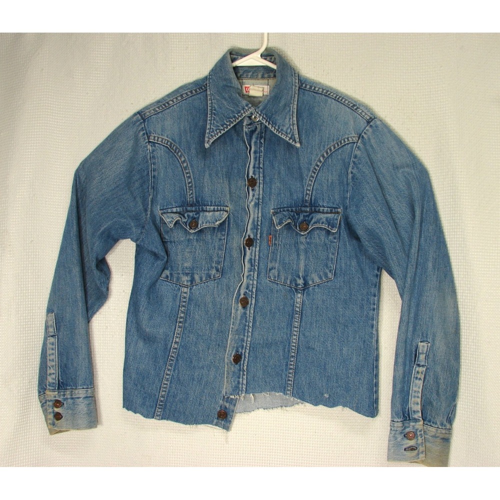 Vtg Upcycled Levis Orange Tab Shirt Jacket Blue Denim Cut Off Hem Distressed M